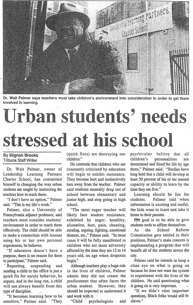 Dr. Walt Palmer featured in Philadelphia Tribune article: "Urban students' needs stressed at his school."