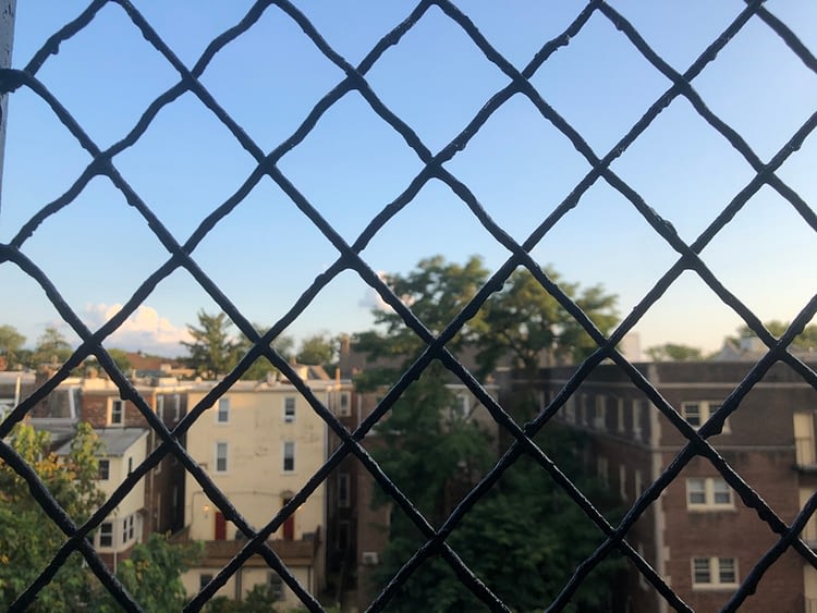 Philly buildings through a fence